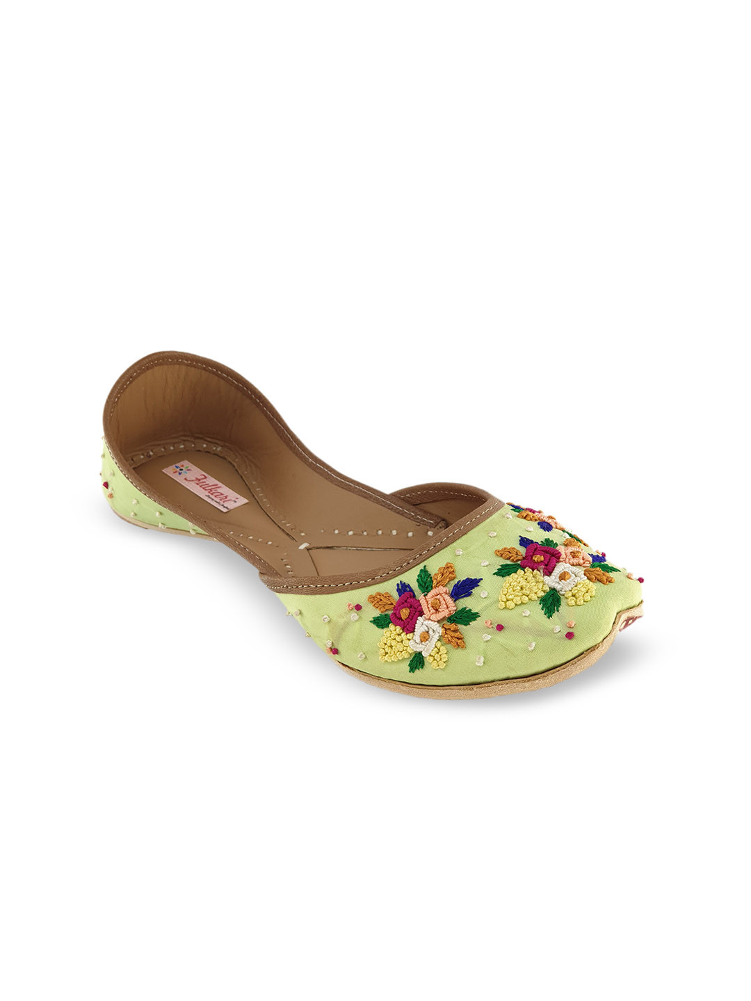 Fulkari Women Green Embellished Leather Mojaris