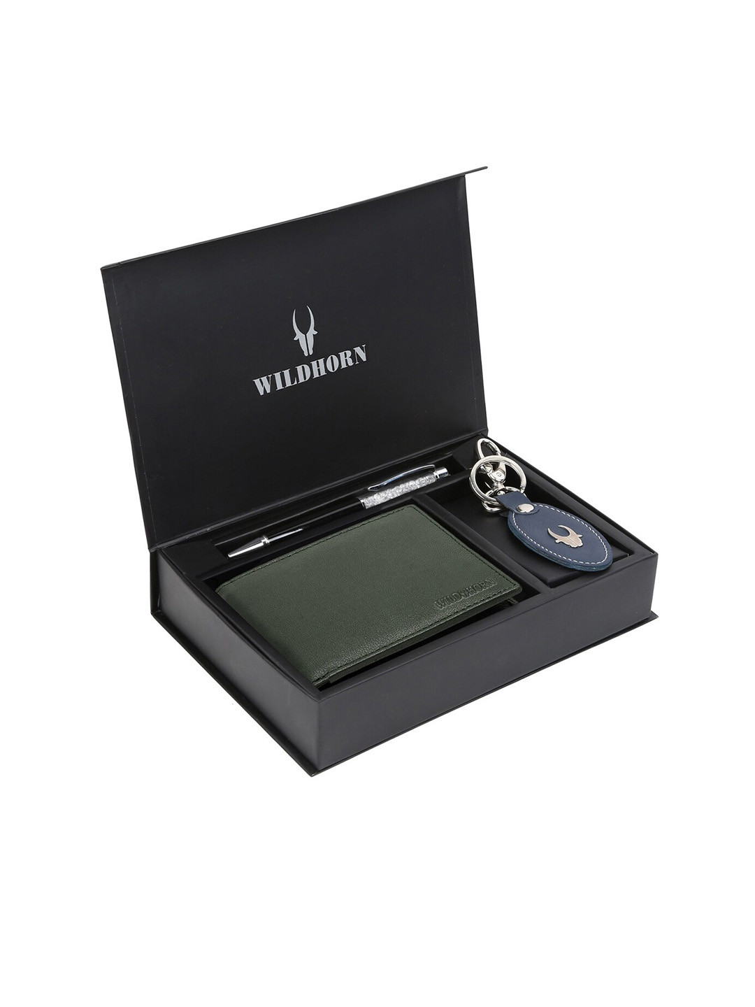 WildHorn Men Green & Blue RFID Protected Genuine High Quality Leather Accessory Gift Set