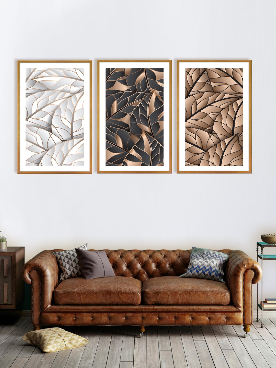 999Store Set Of 3 Gold-Toned & Black Leaves Printed Wall Art