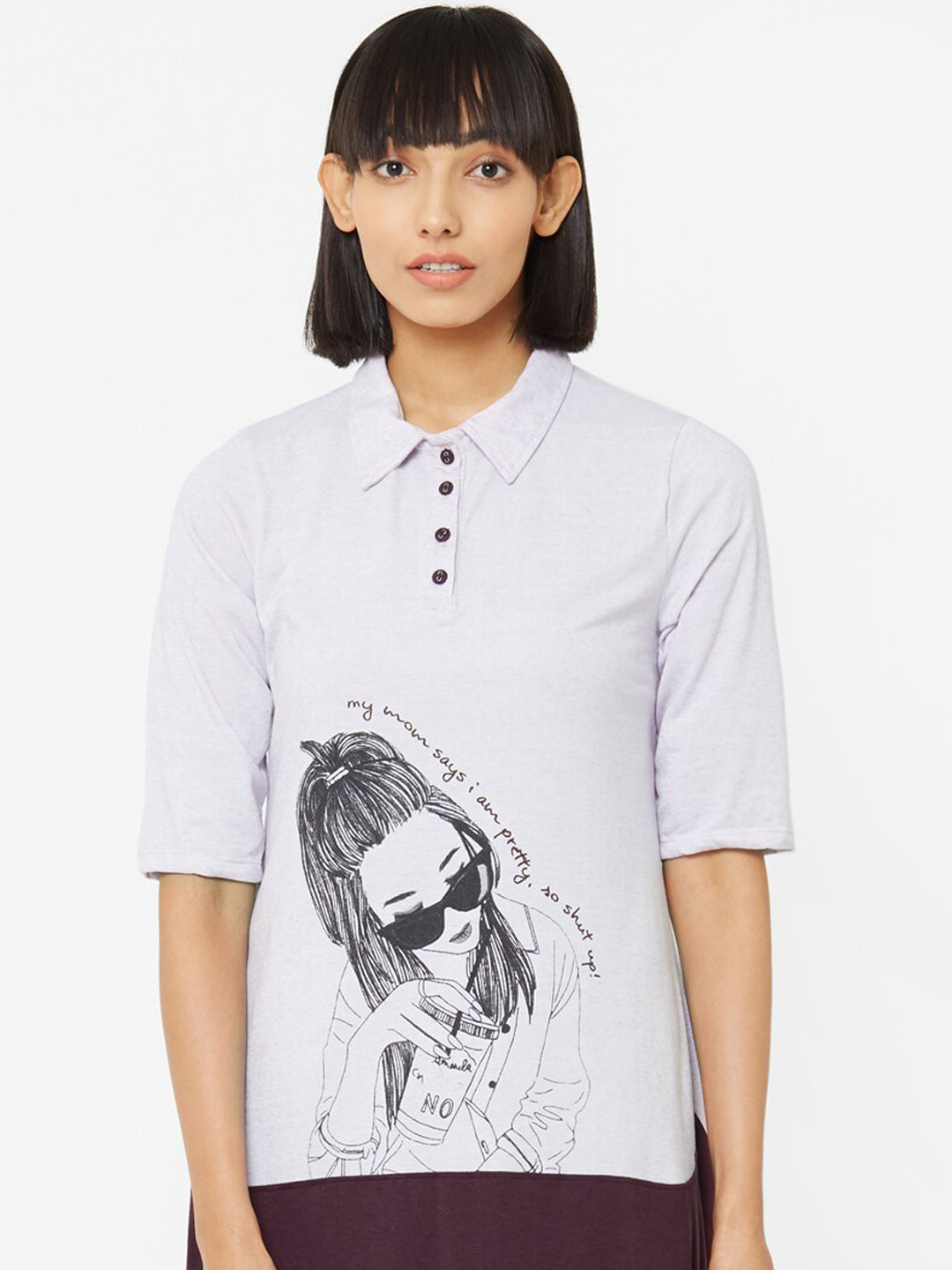 Soie Women Grey Printed Knee-Length Sleep Shirt