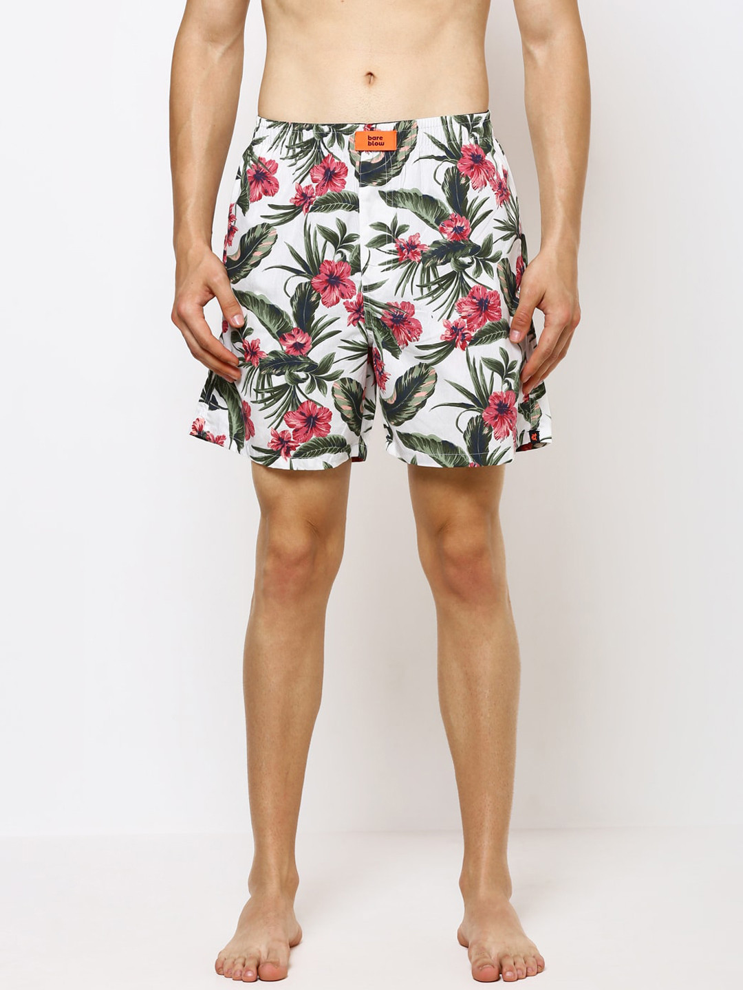 Bareblow Men White & Green Tropical Flower Printed Boxers BBBX117M
