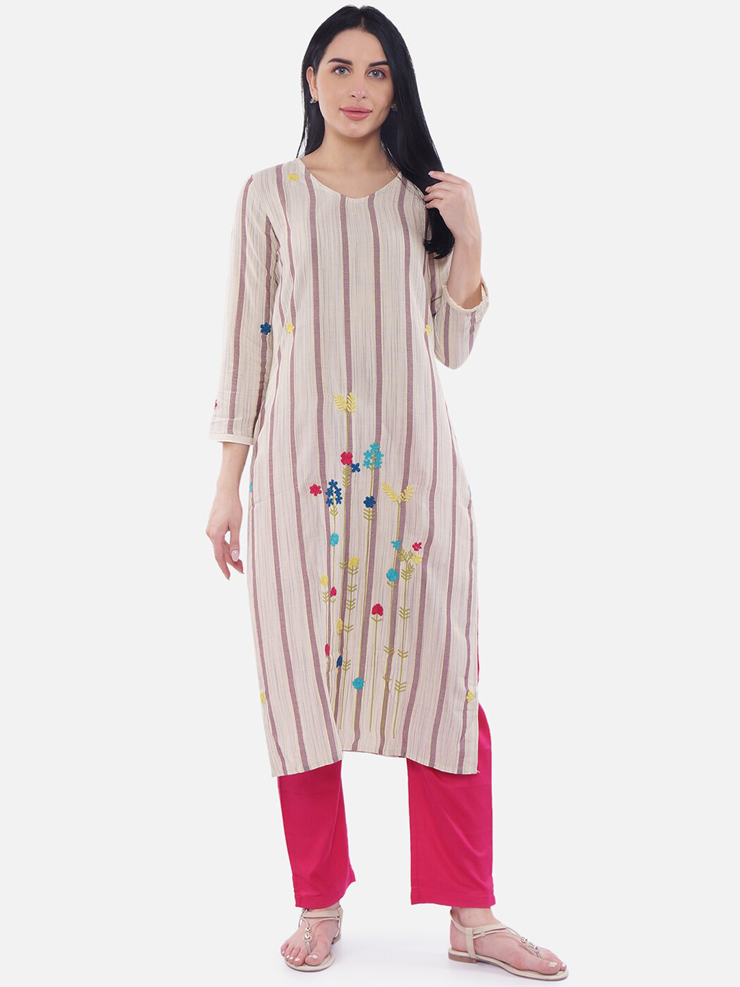 Be Indi Women Beige & Purple Striped Straight Kurta
