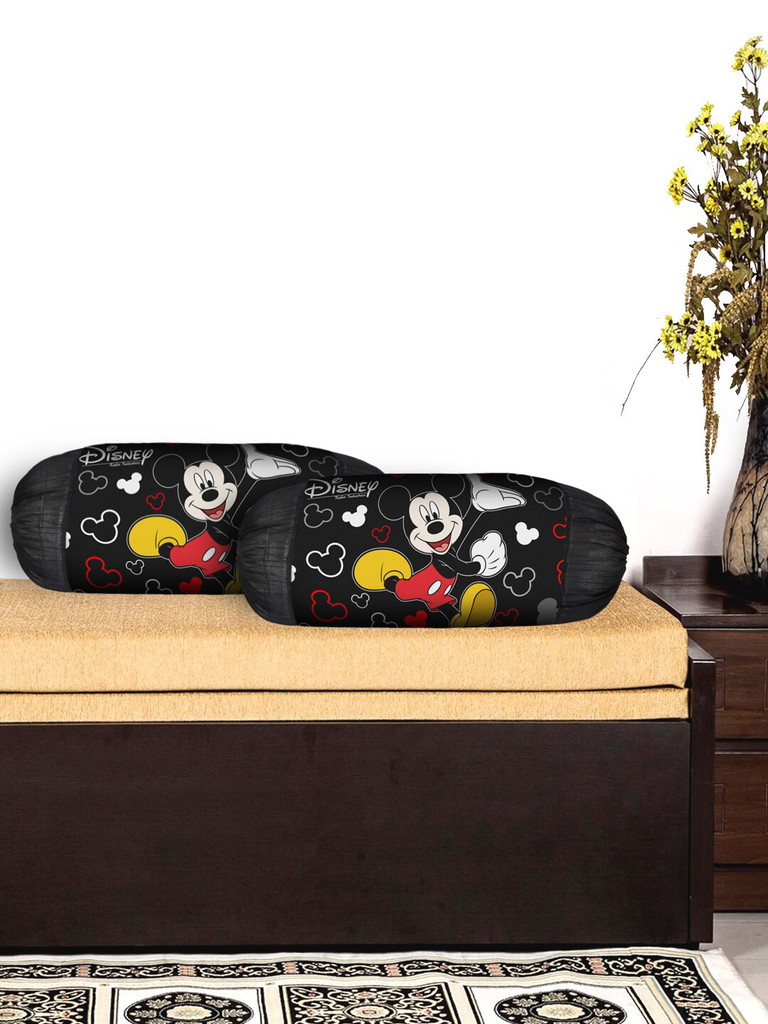 Kuber Industries Set Of 2 Black & Red Disney Mickey Print Silk Special Long Crush Bolster Covers