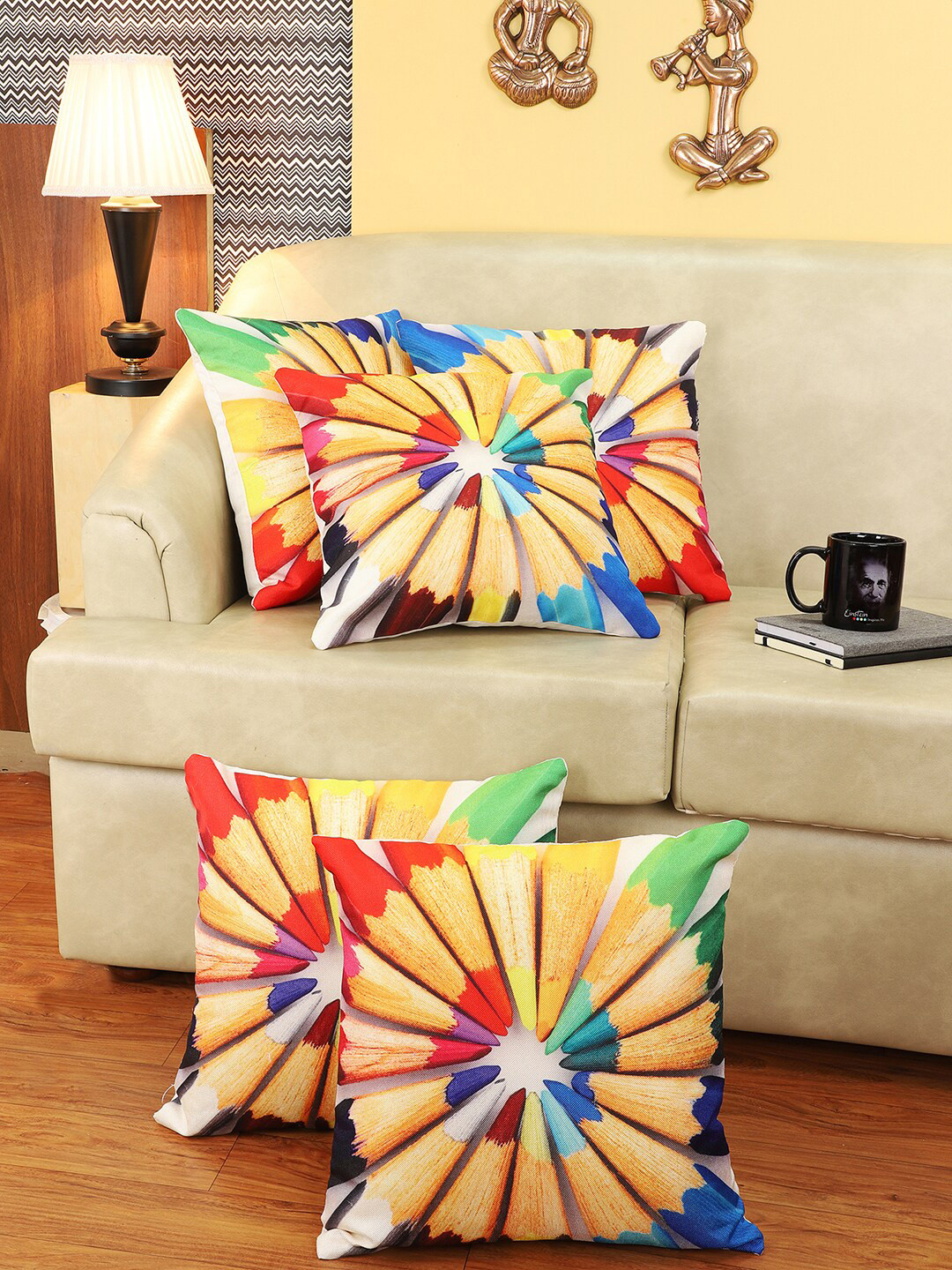 CDI Multi Graphic Jute Cotton Washable 5 Pcs Square Cushion Covers - 16 x 16 In