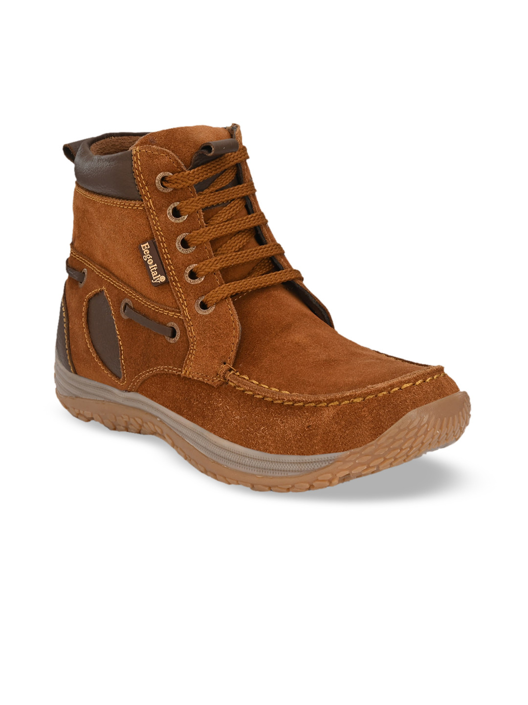 Eego Italy Men Tan Brown Solid Leather Mid-Top Flat Boots