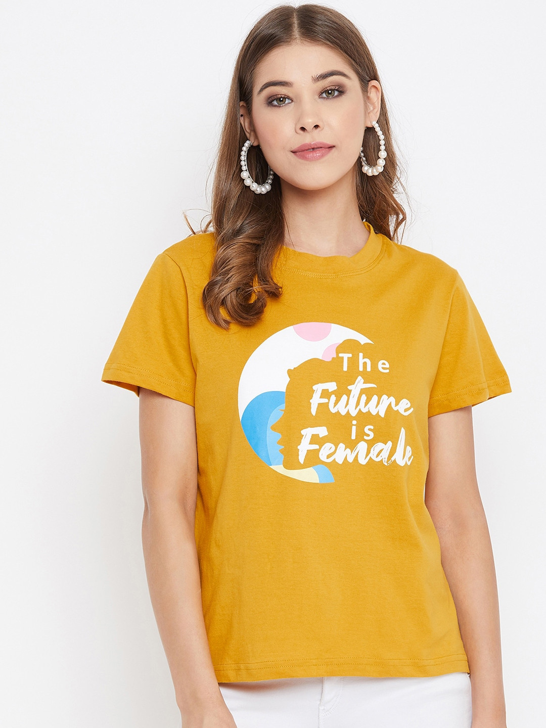 PURYS Women Mustard Yellow & White Printed Round Neck T-shirt
