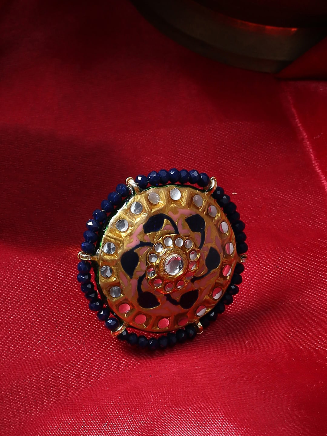 Shoshaa Women Gold-Plated Blue & Peach-Colour Stone-Studded Beaded Enamelled Handcrafted Finger Ring