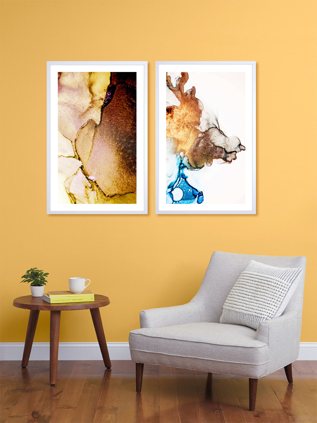 999Store Set Of 2 Brown & White Printed Abstract Wall Art