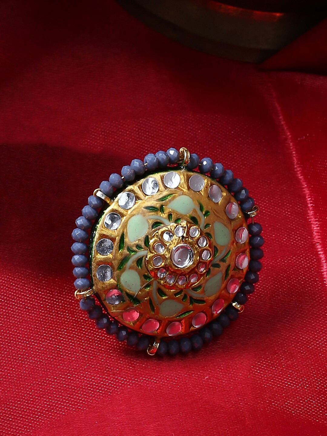 Shoshaa Gold-Plated Grey & Green Stone-Studded Beaded Enamelled Handcrafted Finger Ring