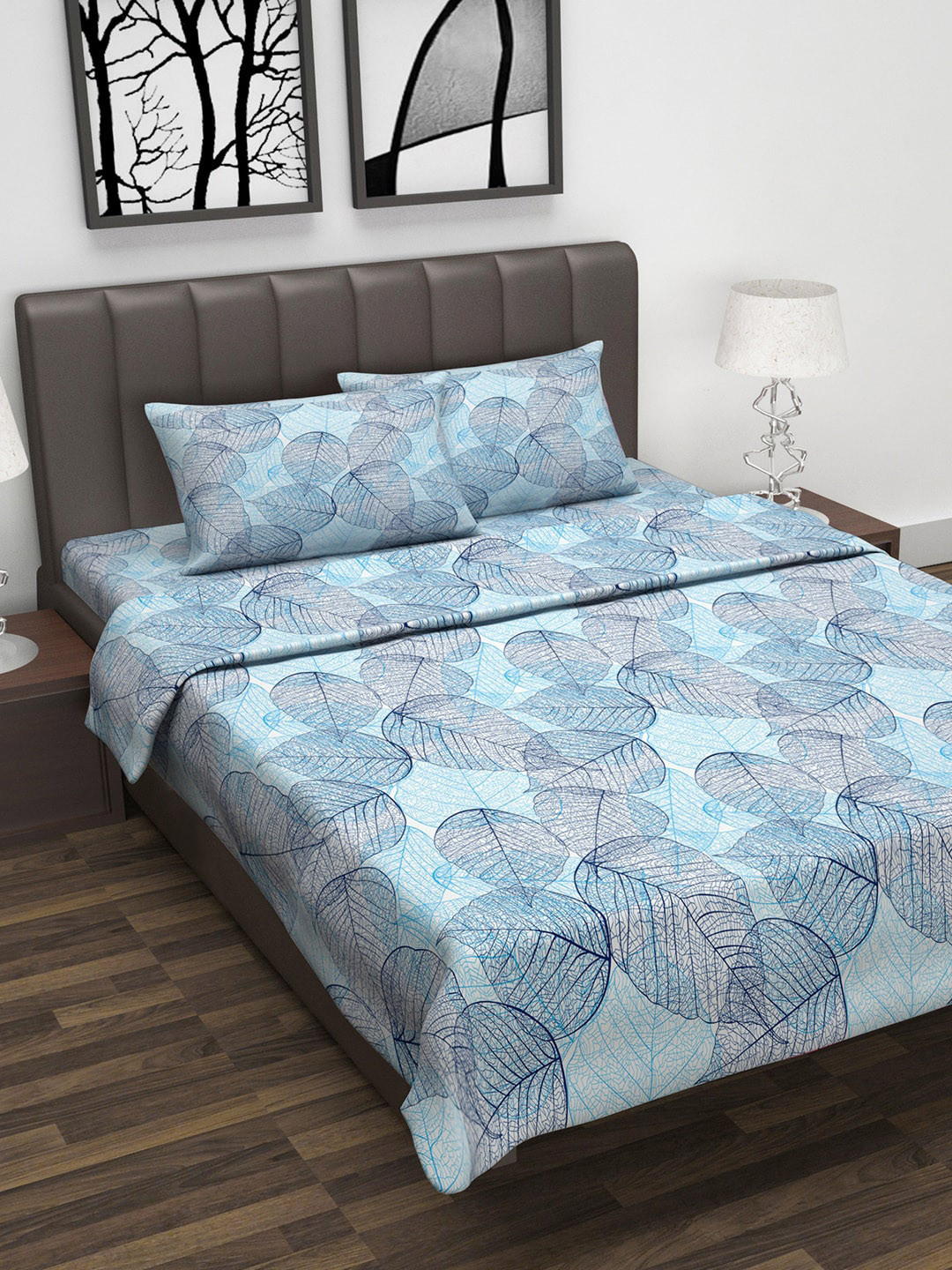 Divine Casa Blue Floral Printed Double King Bedsheet With 2 Pillow Covers & Dohar