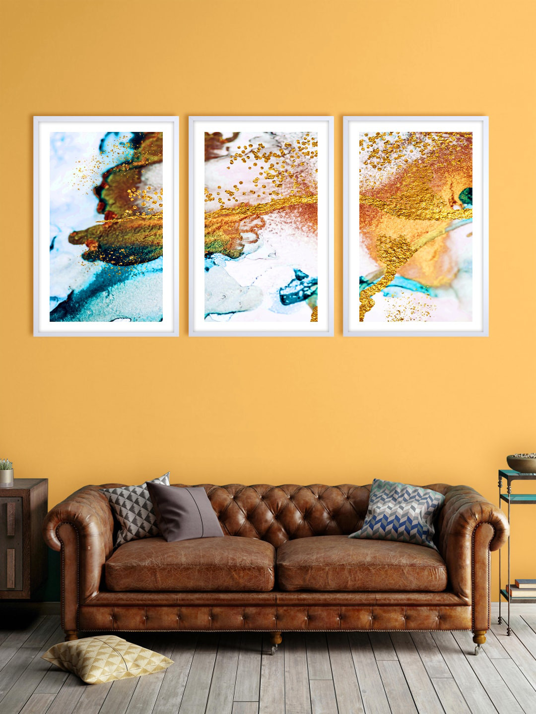 999Store Set Of 3 Gold-Toned & Blue Abstract Printed Wall Art