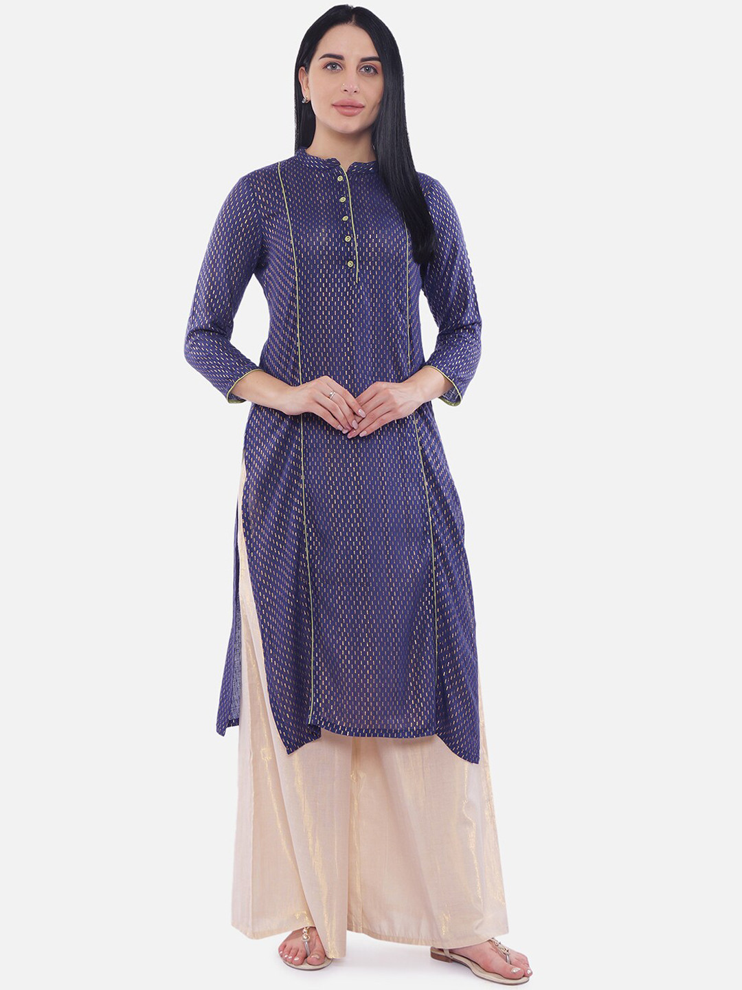 Be Indi Women Navy Blue Foil Printed Straight Kurta