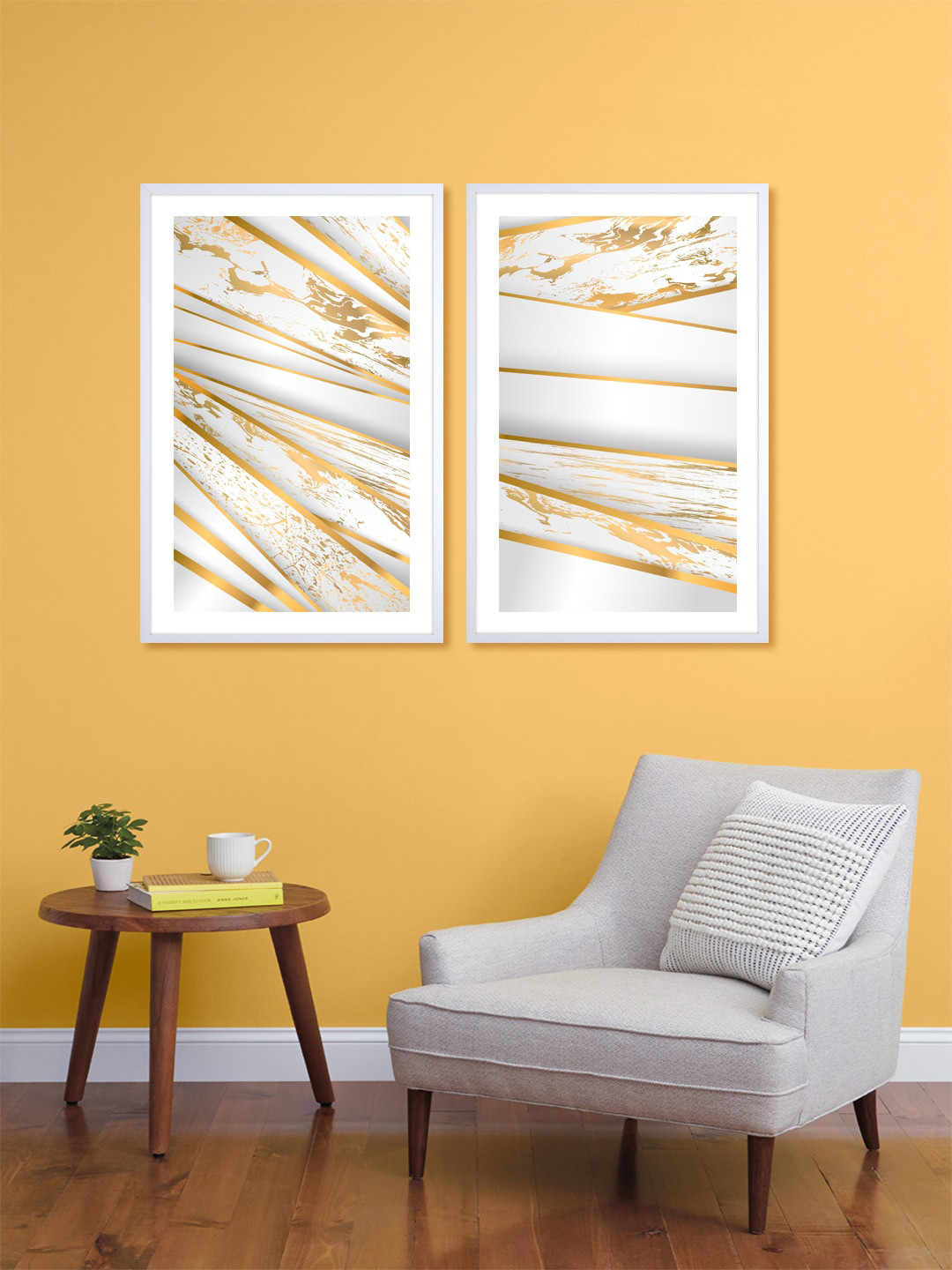 999Store Set Of 2 White & Gold-Toned Strips Printed Wall Arts