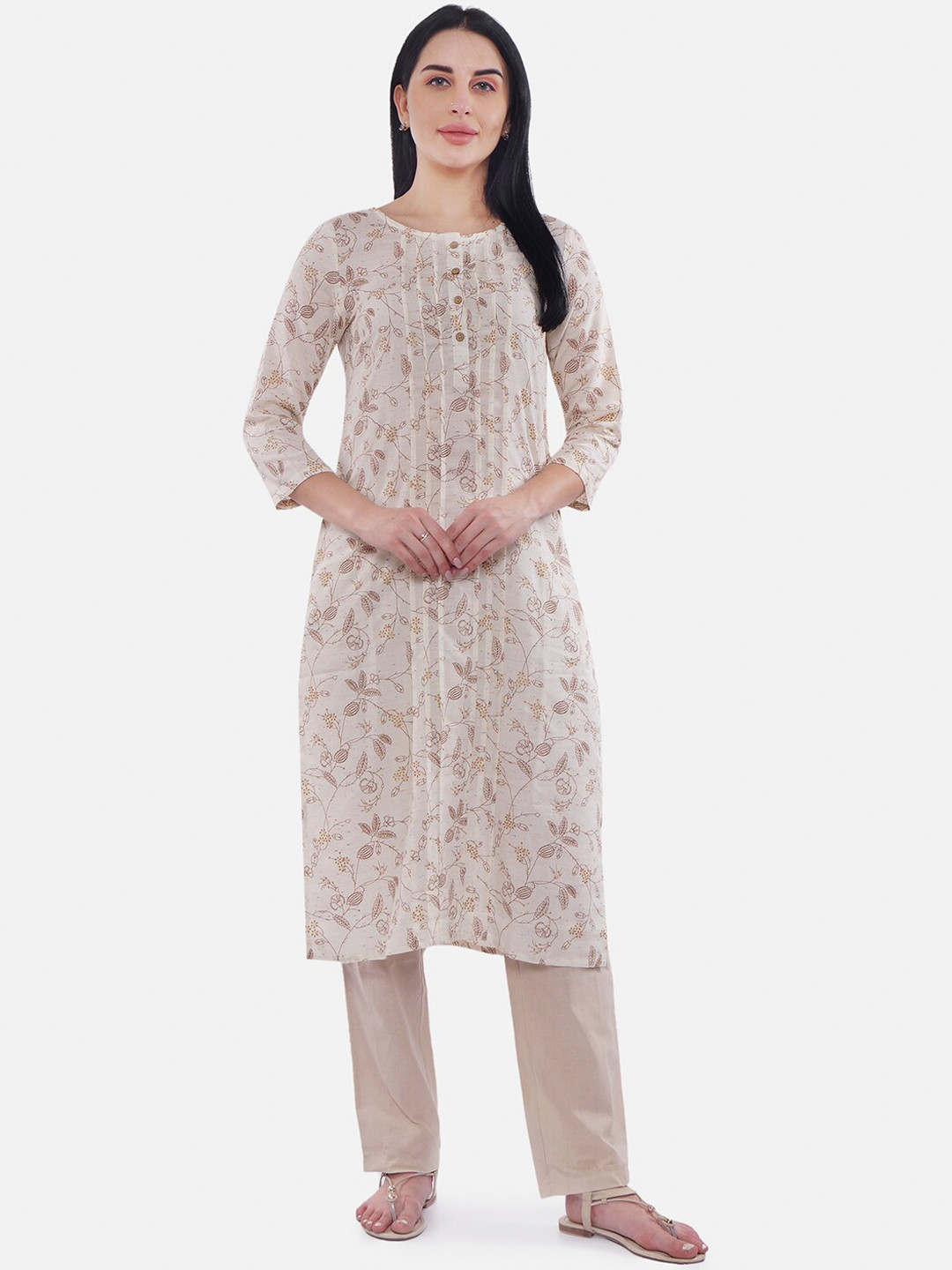 Be Indi Women Cream-Coloured & Maroon Printed A-Line Kurta