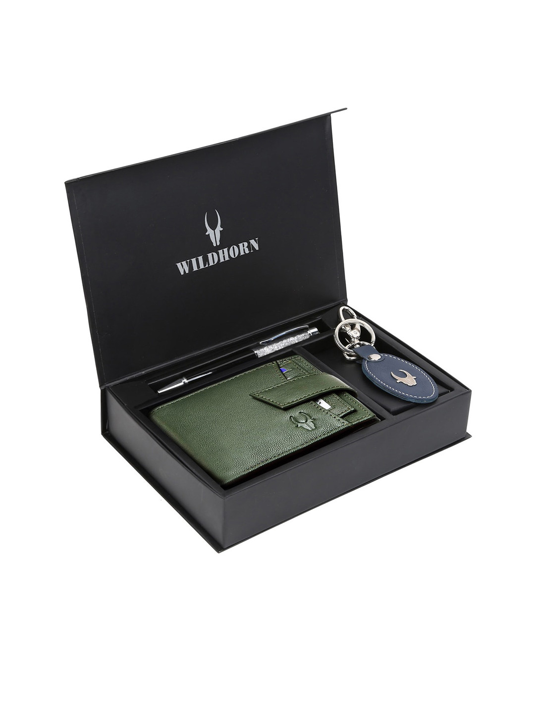 WildHorn Men Green & Blue RFID Protected Genuine High Quality Leather Accessory Gift Set