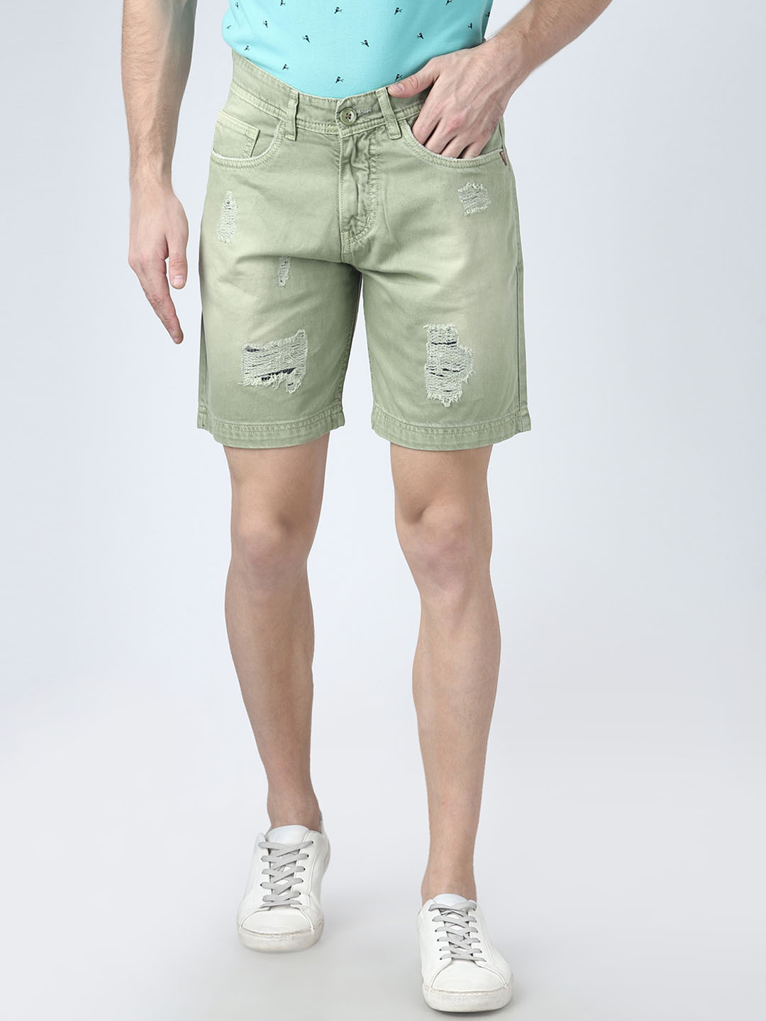 FEVER Men Olive Green Washed Regular Fit Denim Shorts