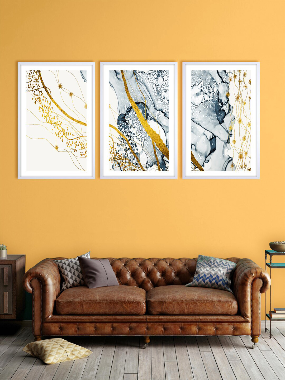 999Store Set Of 3 White & Grey Abstract Printed Wall Art