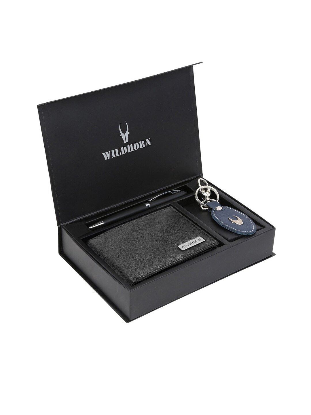 WildHorn Men Black & Blue RFID Protected Genuine High Quality Leather Accessory Gift Set