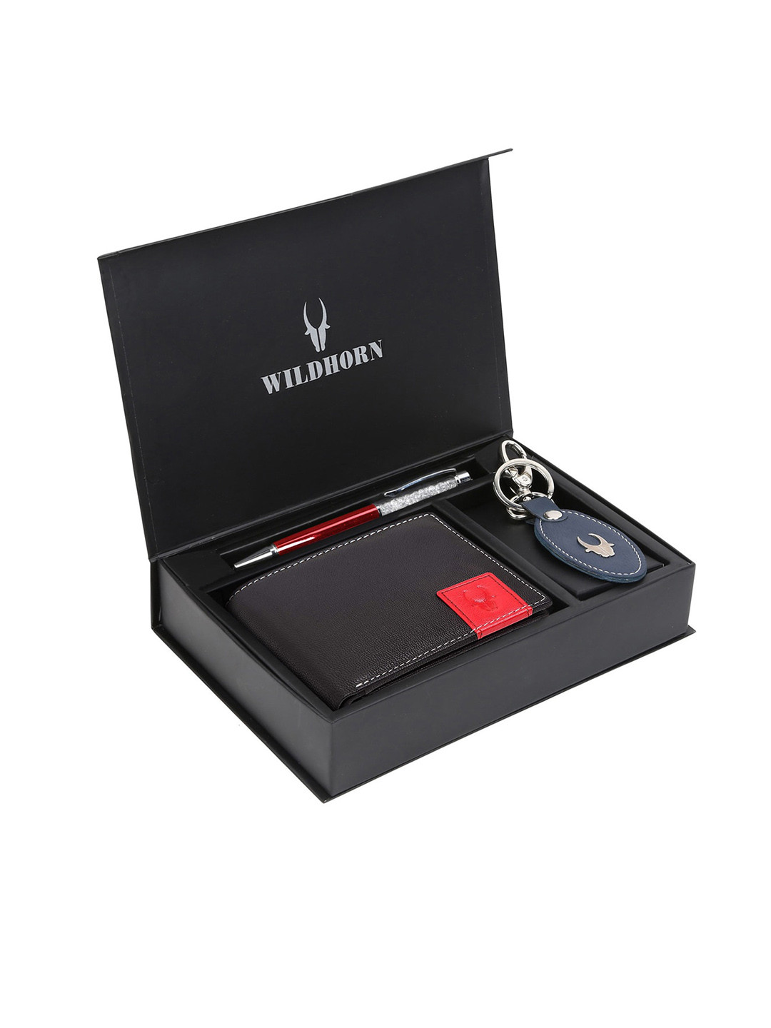 WildHorn Men Black & Red RFID Protected Genuine High Quality Leather Accessory Gift Set