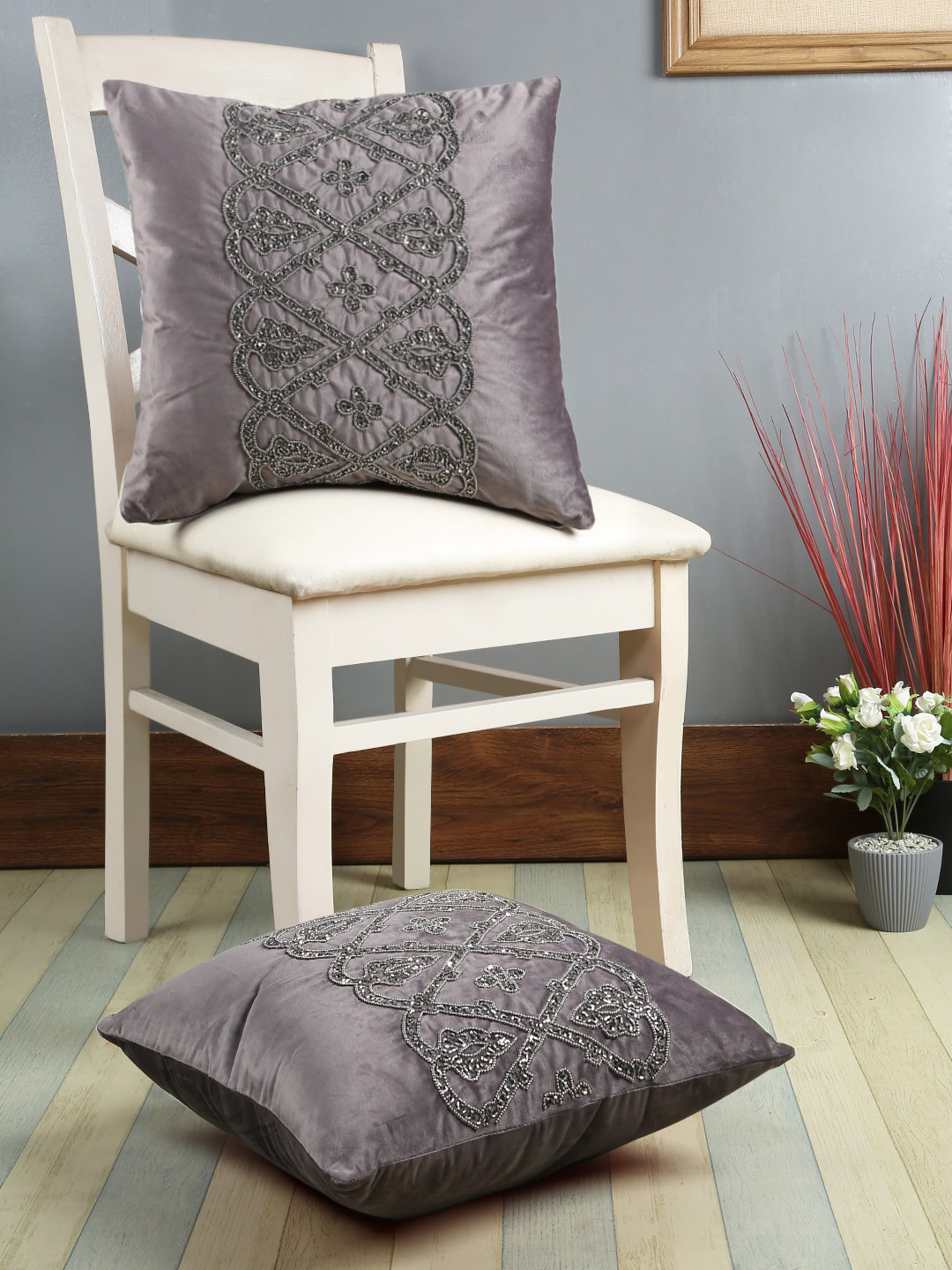 eyda Grey Set of 2 Embellished Velvet Square Cushion Covers
