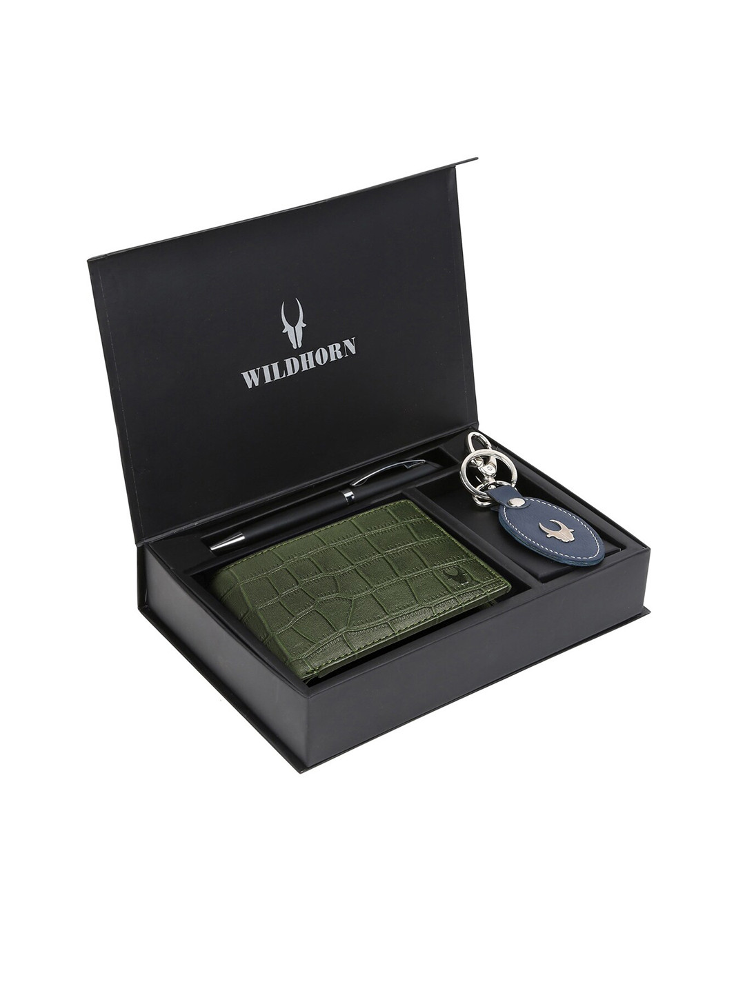 WildHorn Men Green & Blue RFID Protected Genuine High Quality Leather Accessory Gift Set