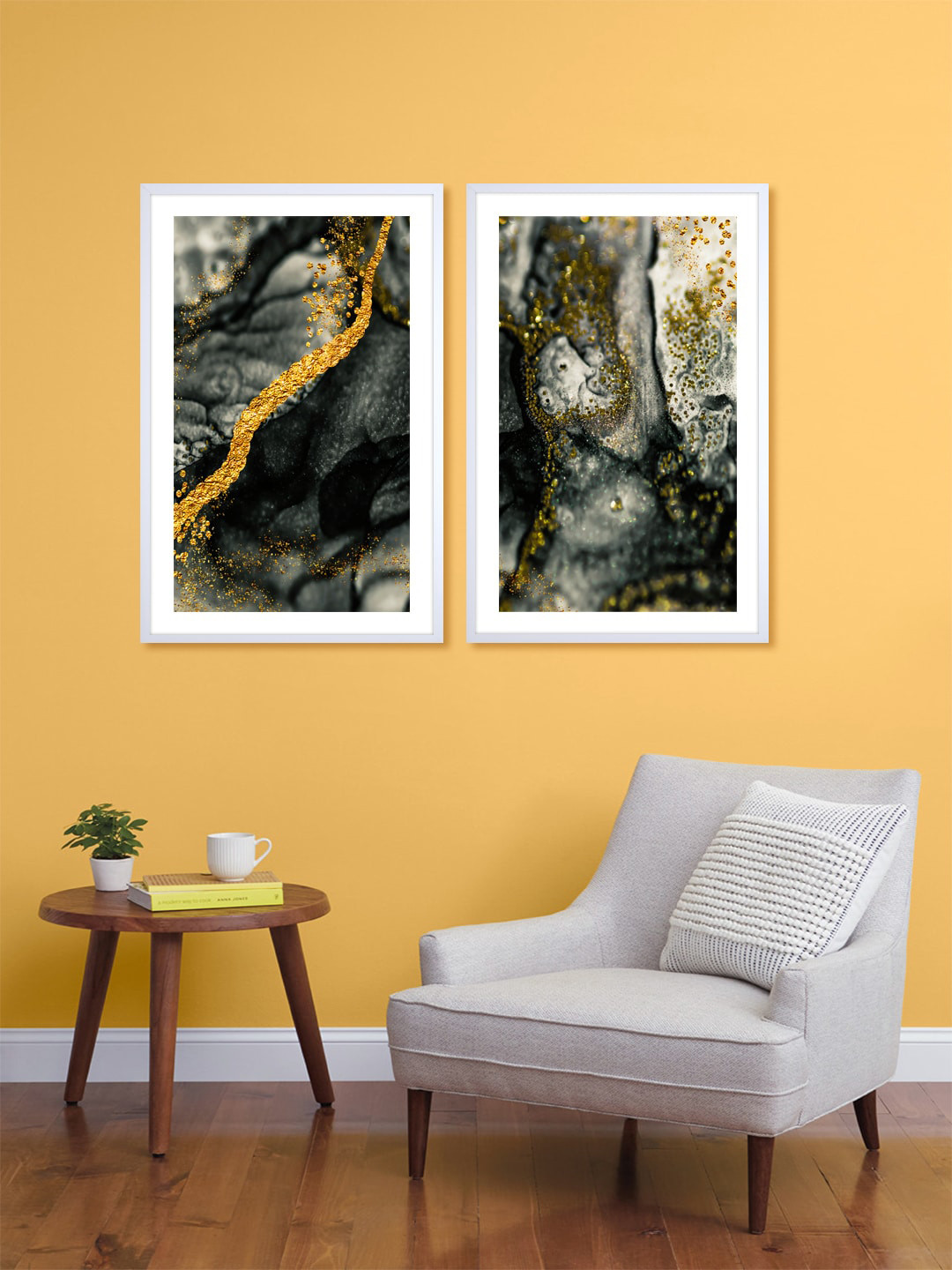 999Store Set Of 2 Black & Gold-Toned Abstract Printed Wall Art