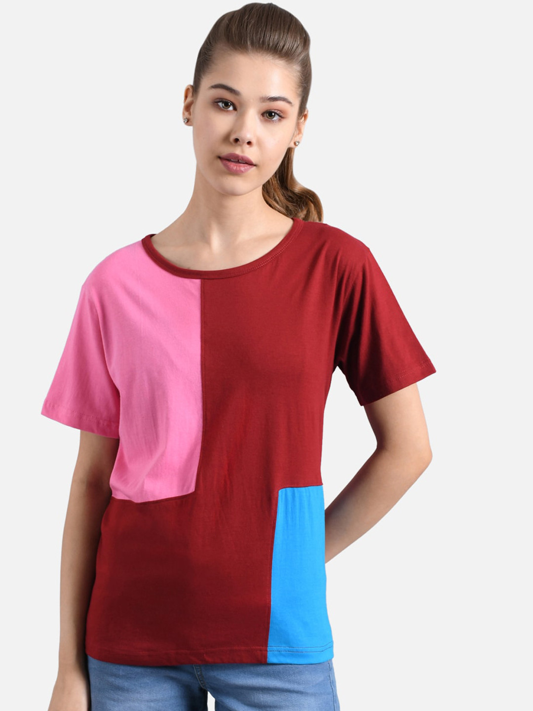 Kotty Women Maroon & Turquoise Blue Colourblocked Round Neck T-shirt