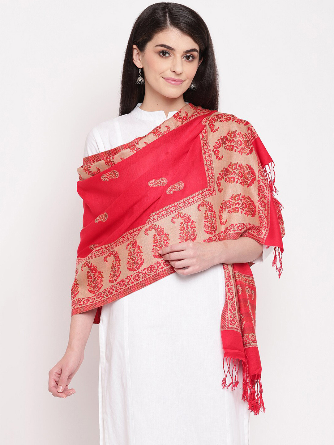 HK colours of fashion Women Red Woven Design Acrylic Stole with Tasselled Border