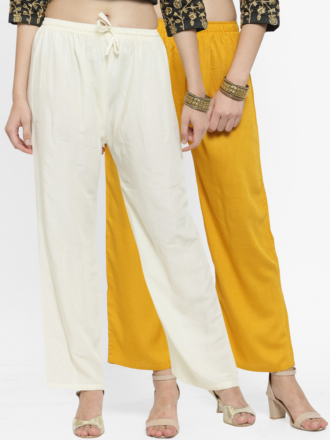 Clora Creation Women Off-White & Mustard Yellow Pack of 2 Solid Straight Palazzos