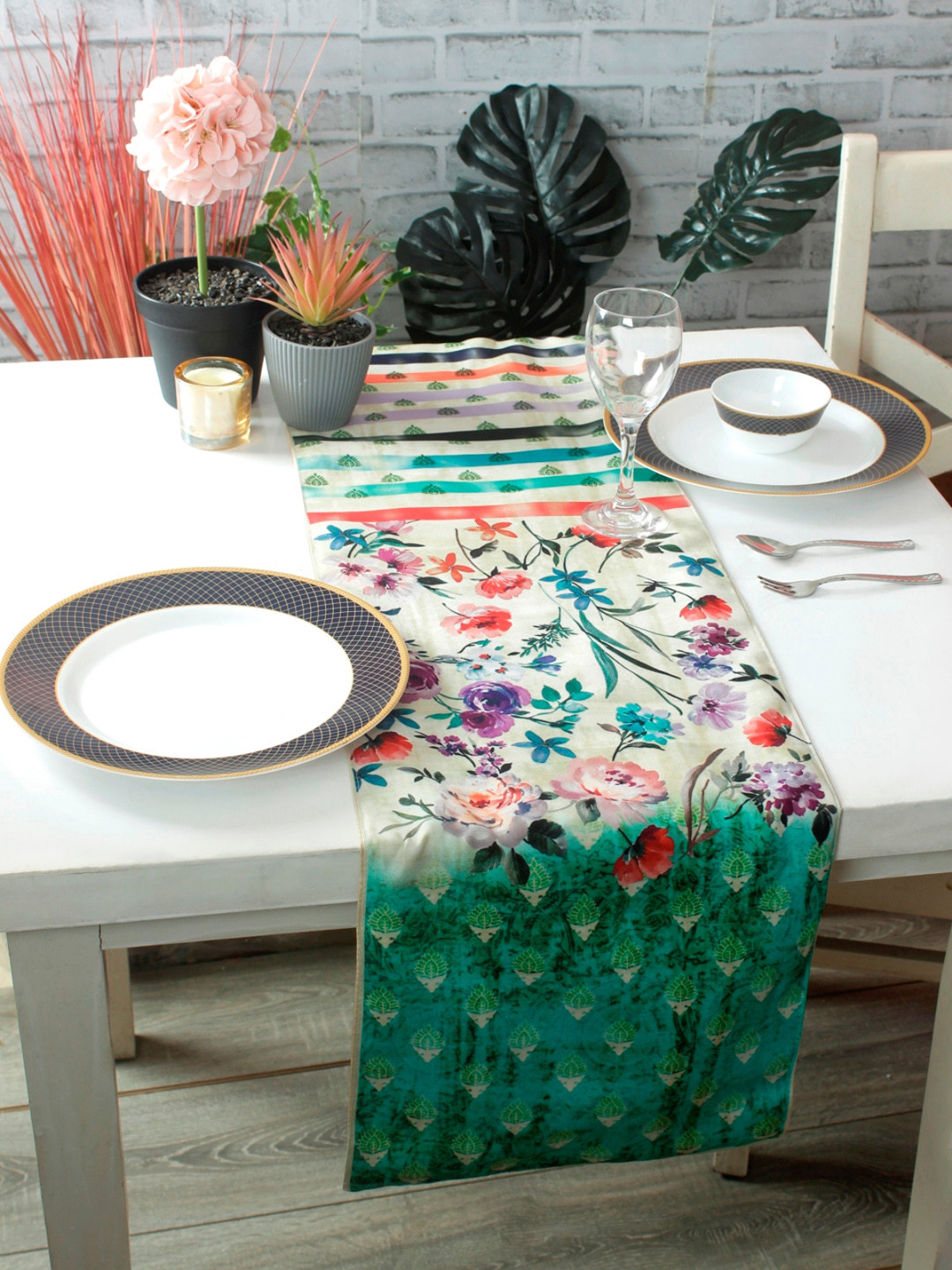 ROMEE Cream-Coloured & Green Floral Printed Table Runner
