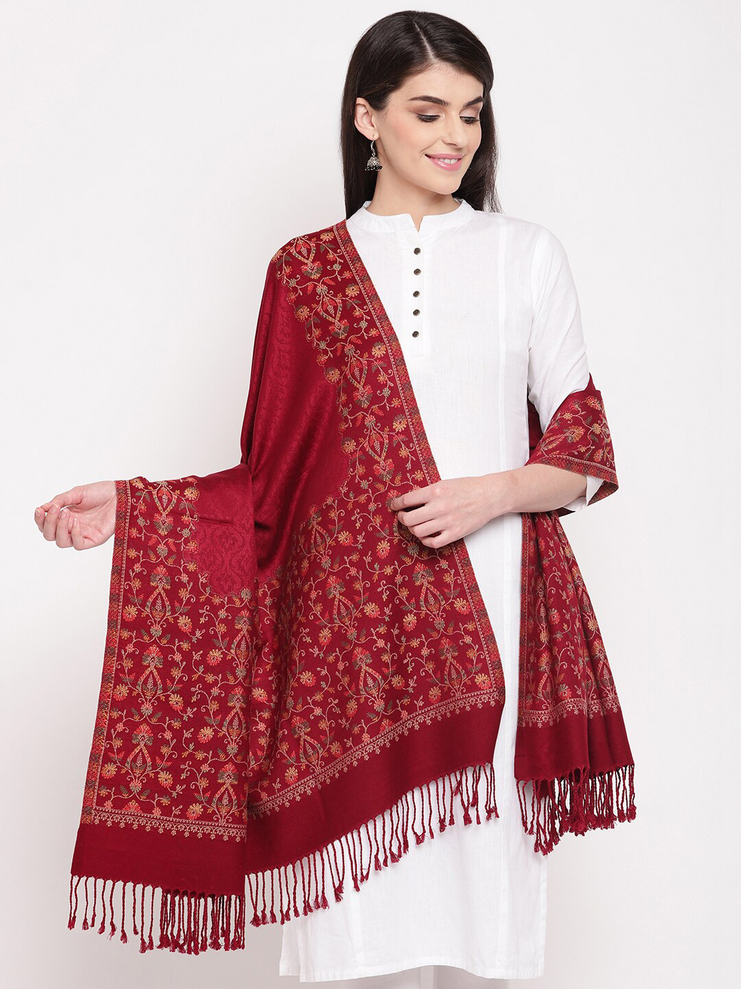 HK colours of fashion Women Maroon Floral Printed Embroidered Acrylic Shawl