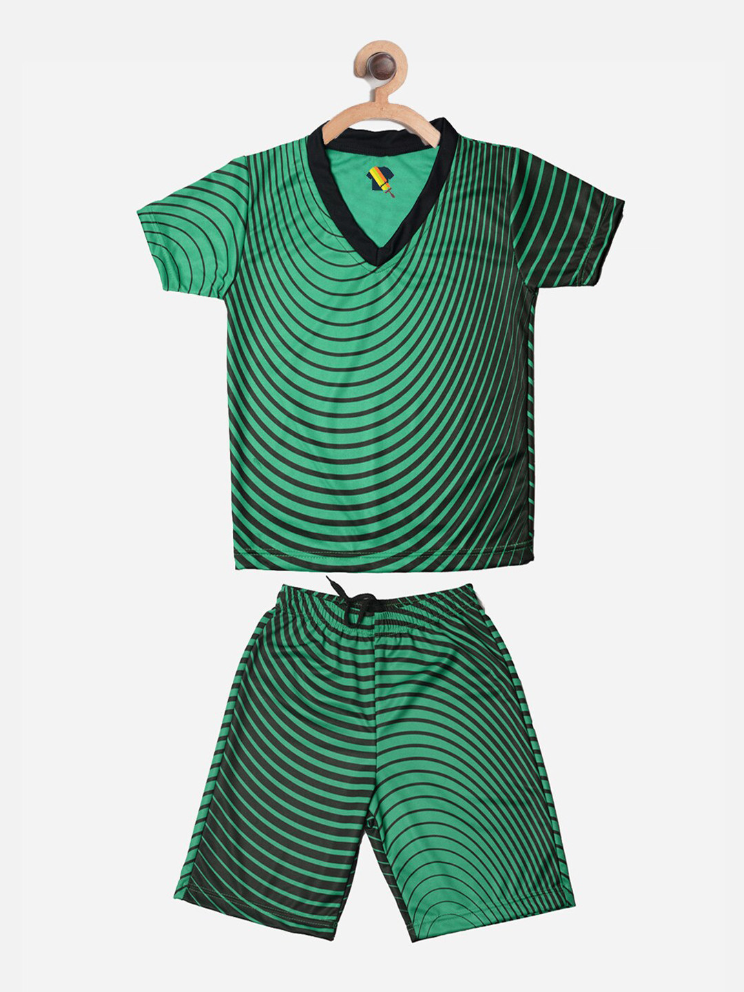 TINY HUG Unisex Kids Green & Black Striped T-shirt with Shorts