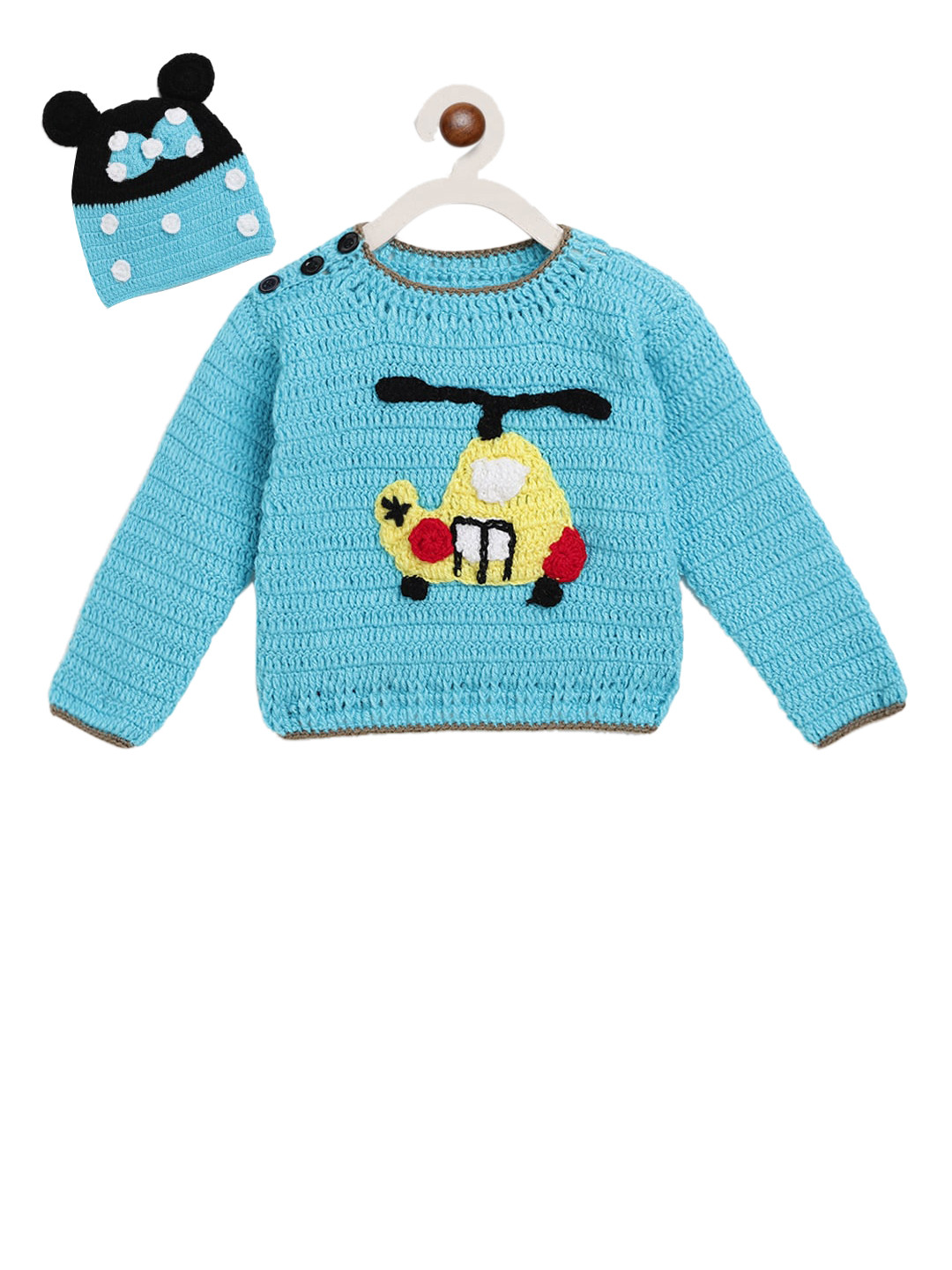 CHUTPUT Kids Blue & Black Self Design Pullover Sweater with Beanie