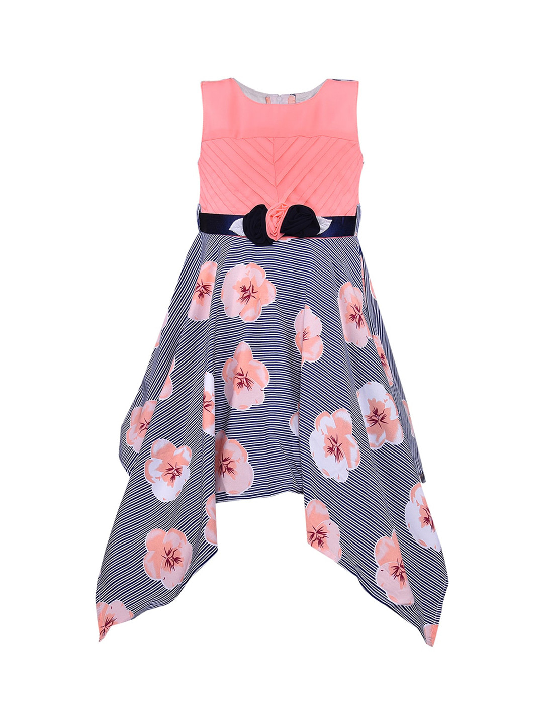 Wish Karo Girls Pink & Navy Blue Printed Fit and Flare Dress