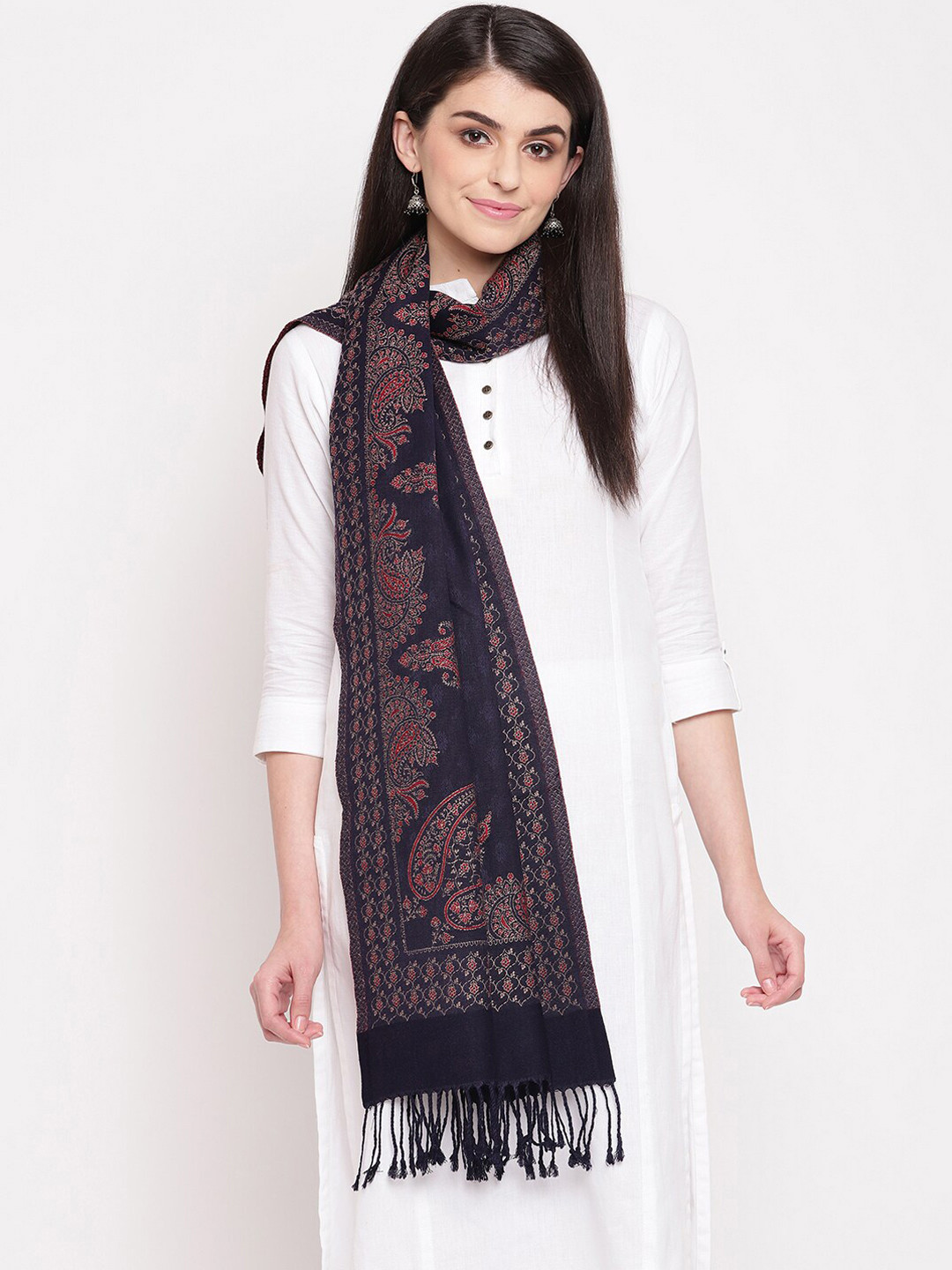 HK colours of fashion Women Navy Blue Woven Design Stole with Tasselled Border
