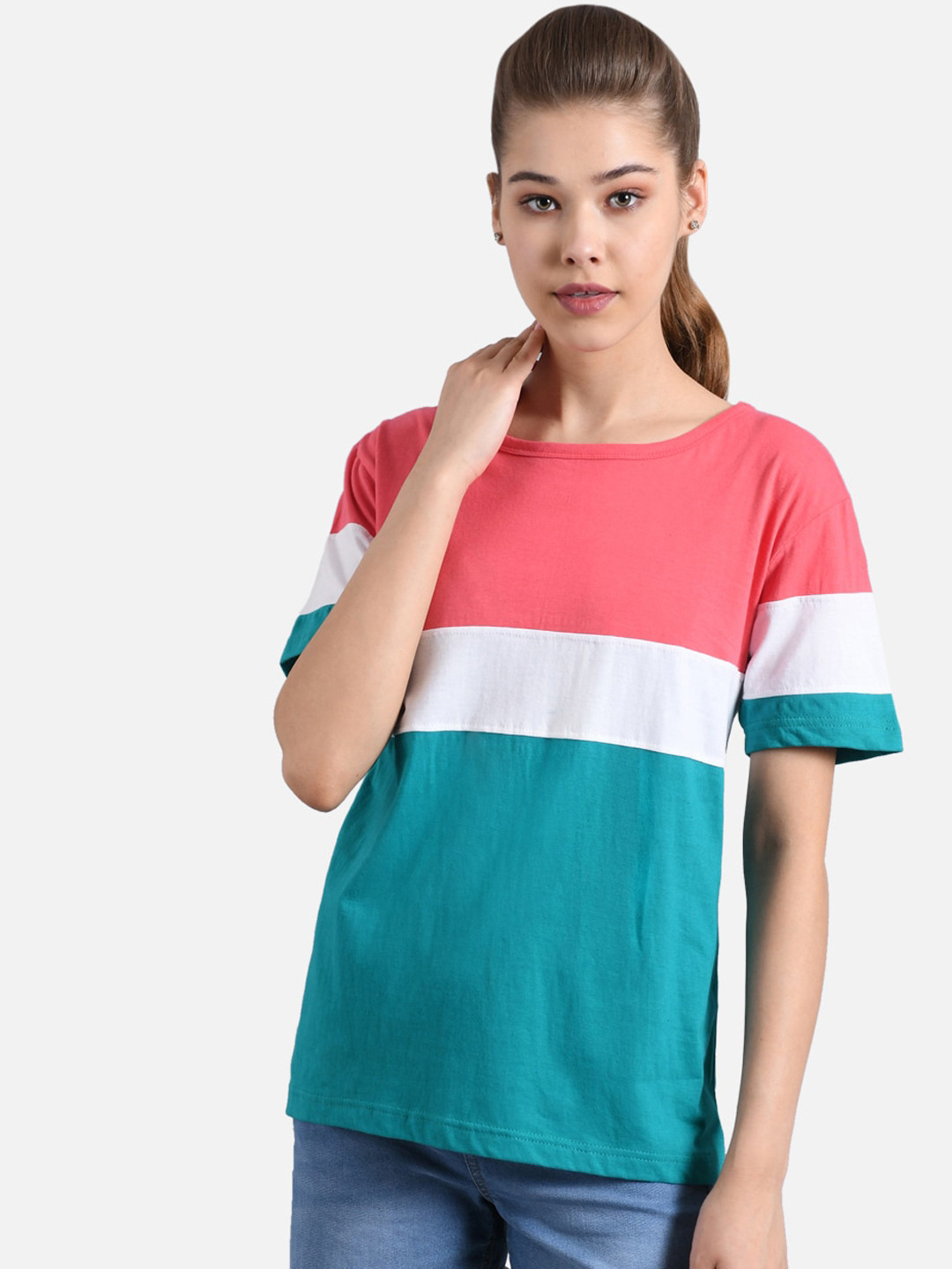 Kotty Women Teal Green & Peach-Coloured Colourblocked Round Neck T-shirt