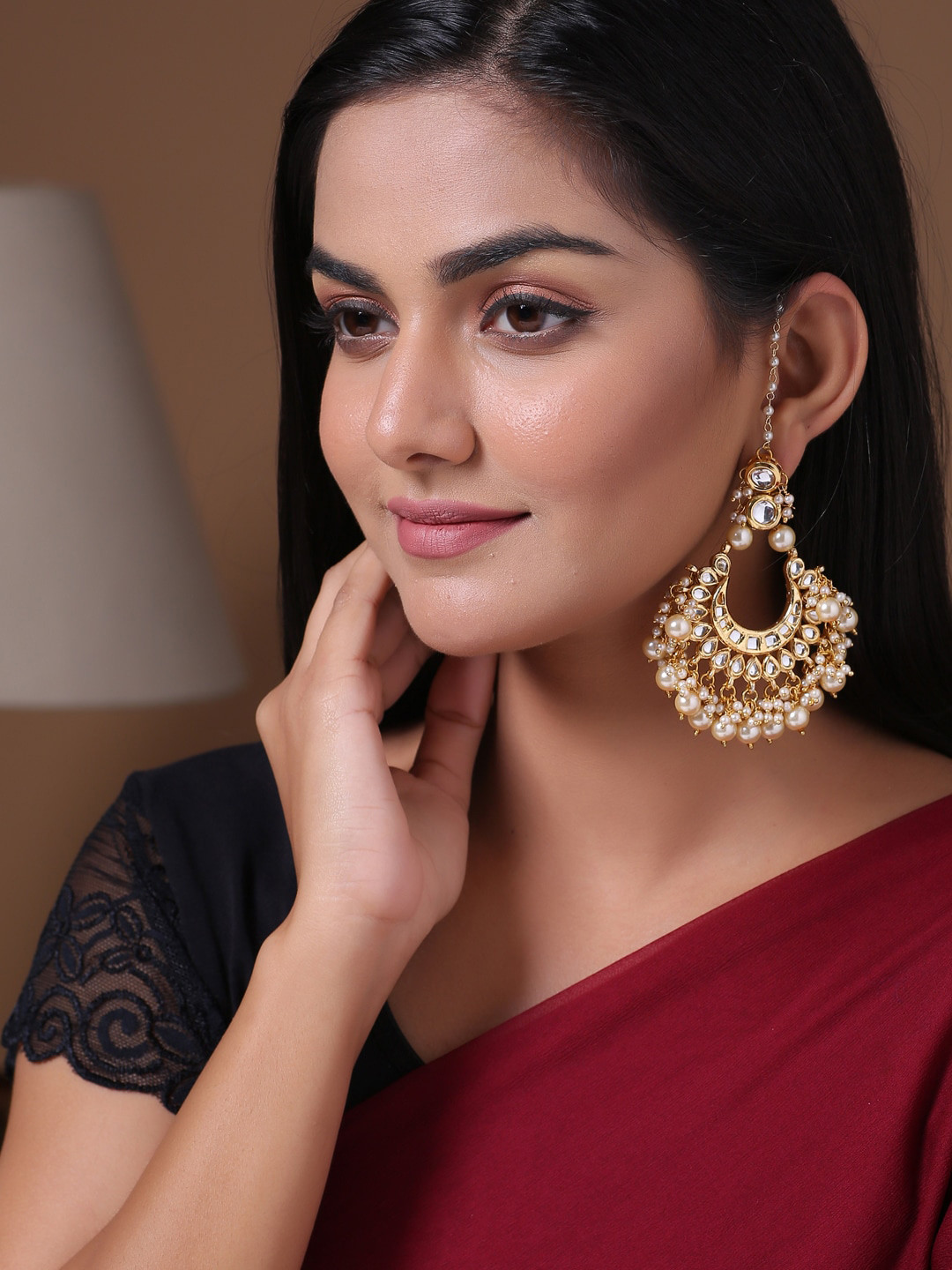 Shoshaa Gold & Off-White Crescent Shaped Chandbalis