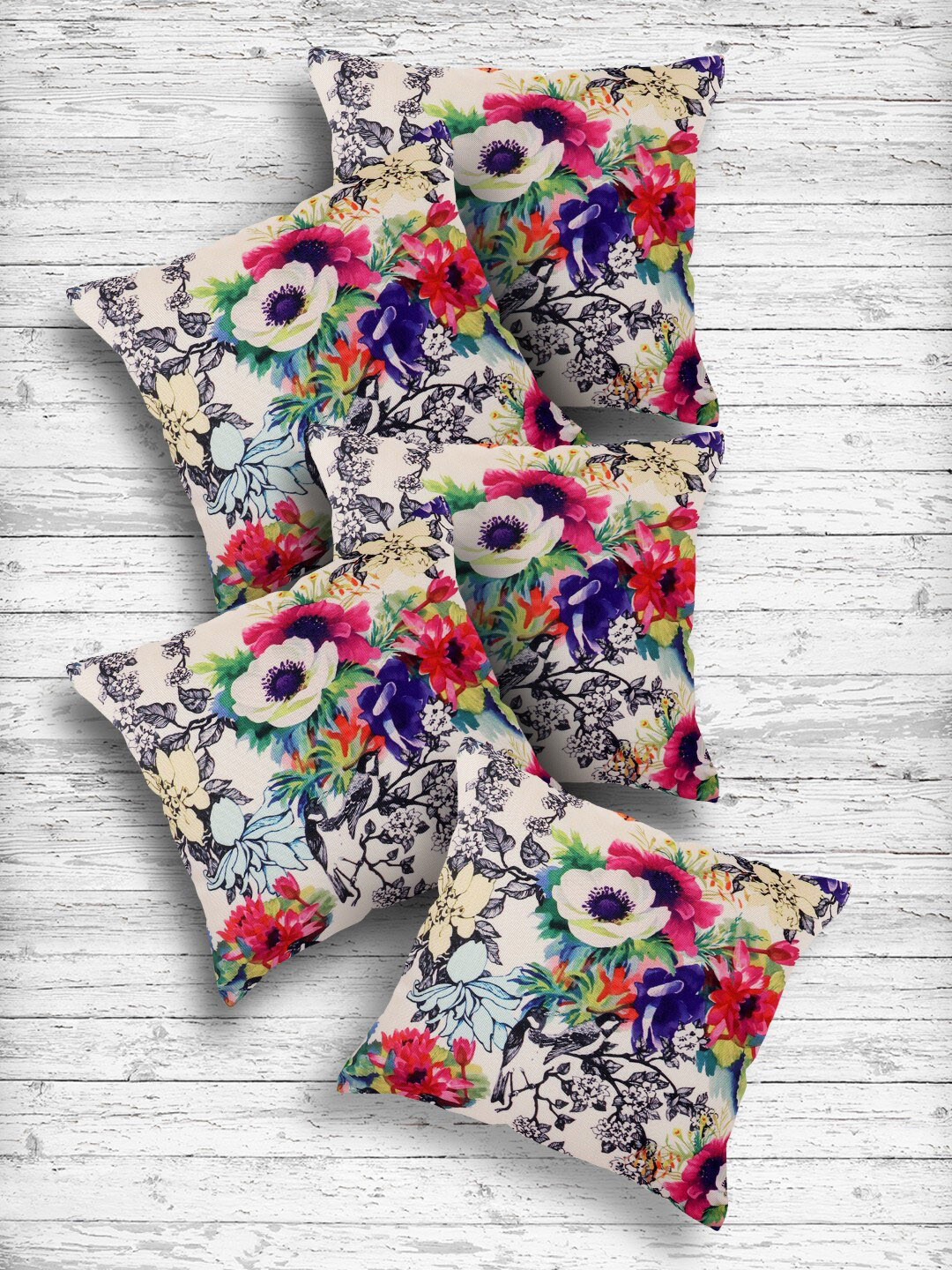Kuber Industries Cream-Coloured & Red Set of 5 Floral Square Cushion Covers