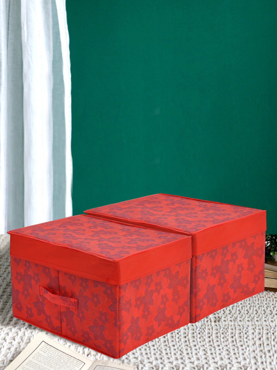 Kuber Industries Set Of 2 Red & Blue Floral Print Foldable Wardrobe Organizer Box With Lid