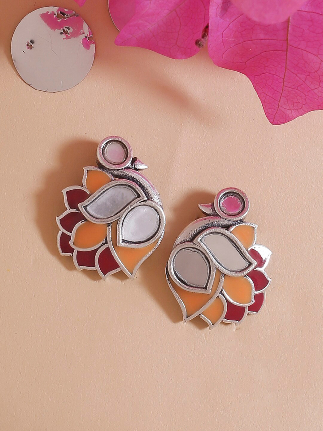 Voylla Pink & Orange Silver-Plated Oxidised Geometric Studs