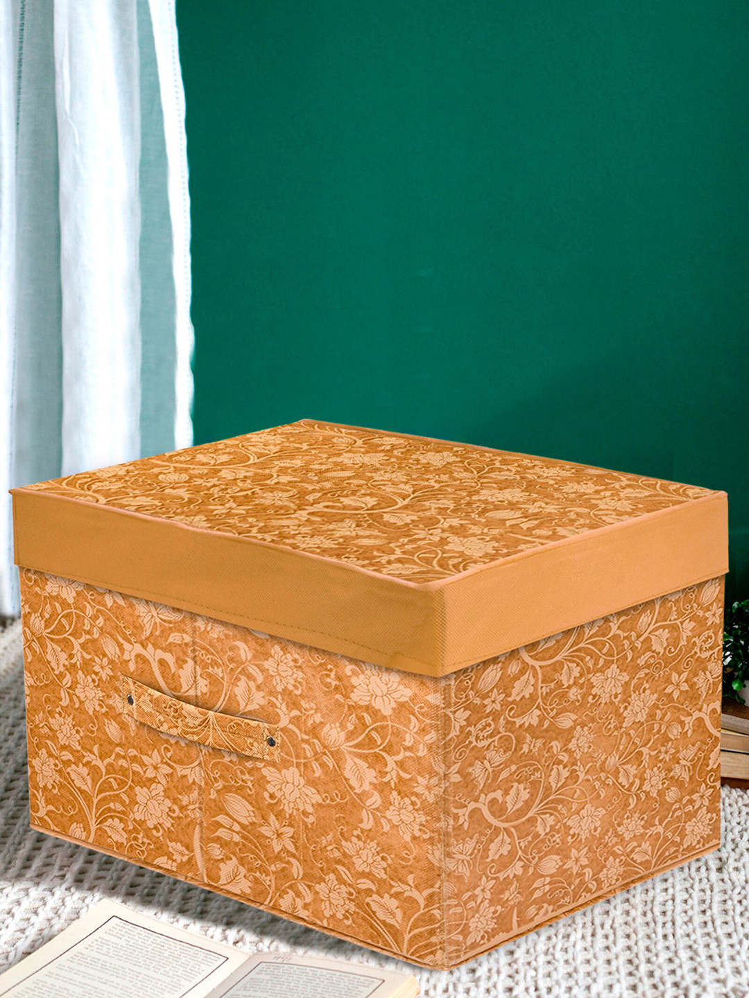 Kuber Industries Beige & Brown Floral Print Foldable Wardrobe Organizer Box With Lid