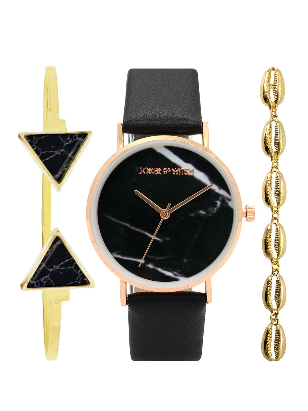 JOKER & WITCH Women Set Of 3 Black & Gold-Toned Love Watch & Bracelets JWBS177