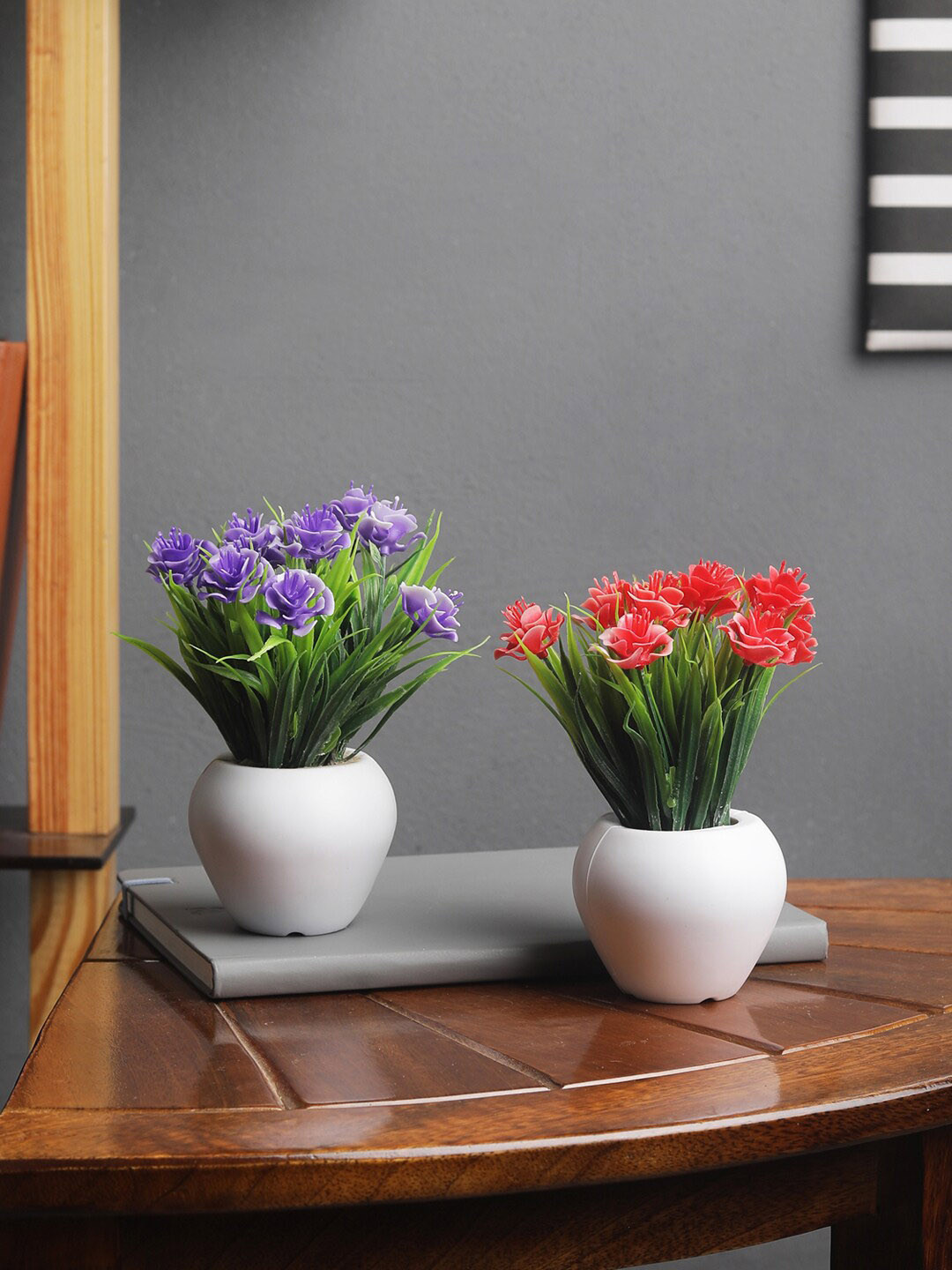 FOLIYAJ Set Of 2 Red & Purple Artifical Mini Rose Flower Plants With Pots