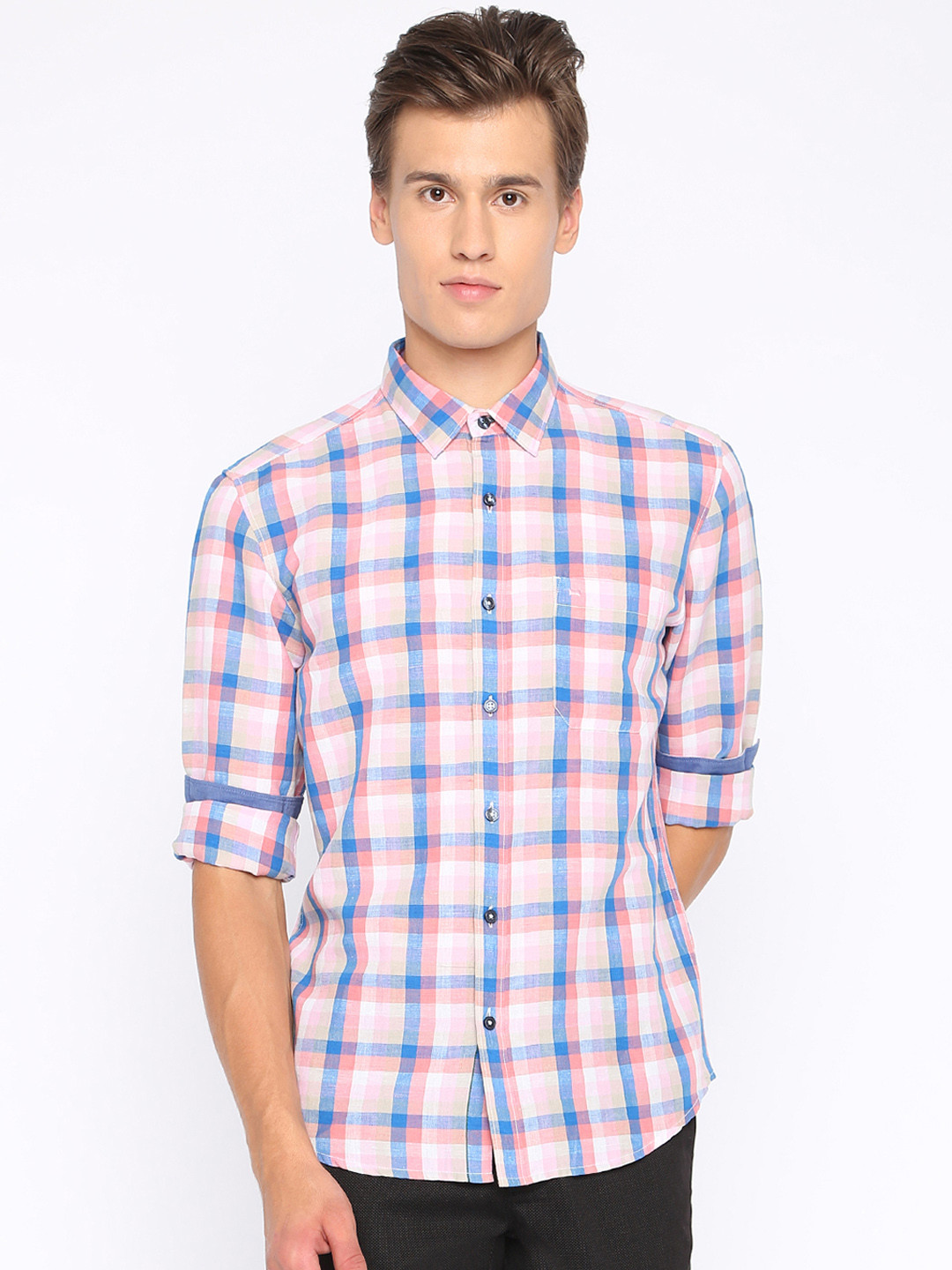Basics Men Pink & Blue Slim Fit Checked Casual Shirt