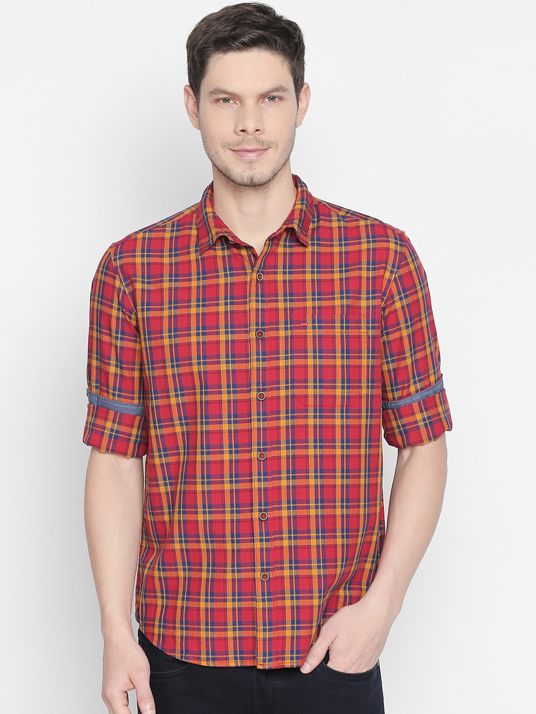 Basics Men Red & Blue Slim Fit Checked Casual Shirt