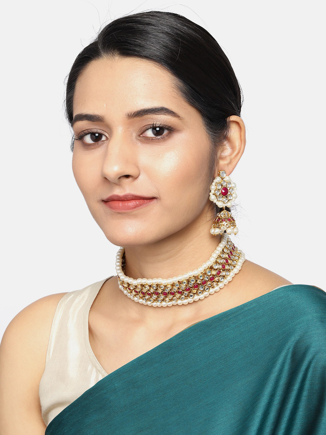 Sukkhi Gold-Plated White & Pink Kundan & Pearl Studded Wedding Antique Jewellery Set