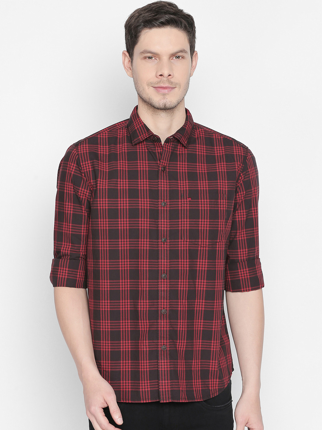 Basics Men Red & Brown Slim Fit Checked Casual Shirt