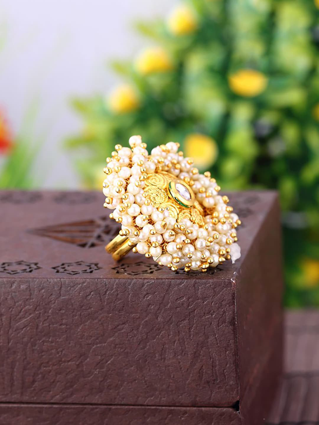 Sukkhi Gold-Plated Off-White Stone & Pearls Embellished Finger Ring