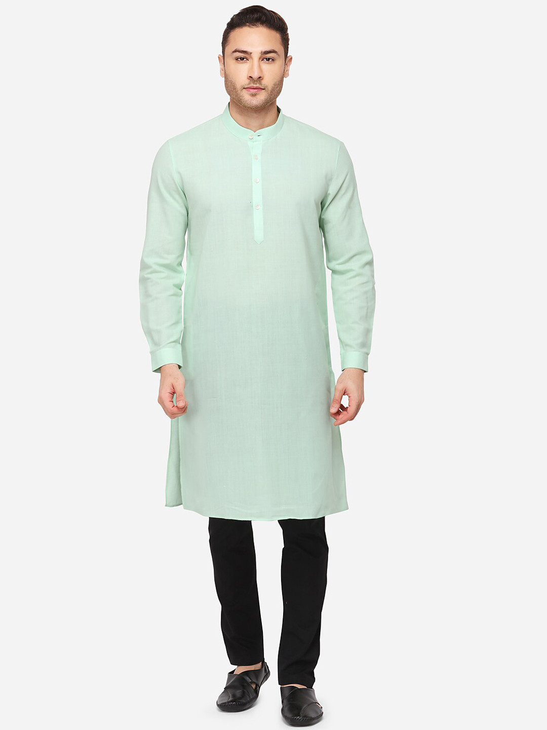 JADE BLUE Men Green Solid Straight Modi Kurta