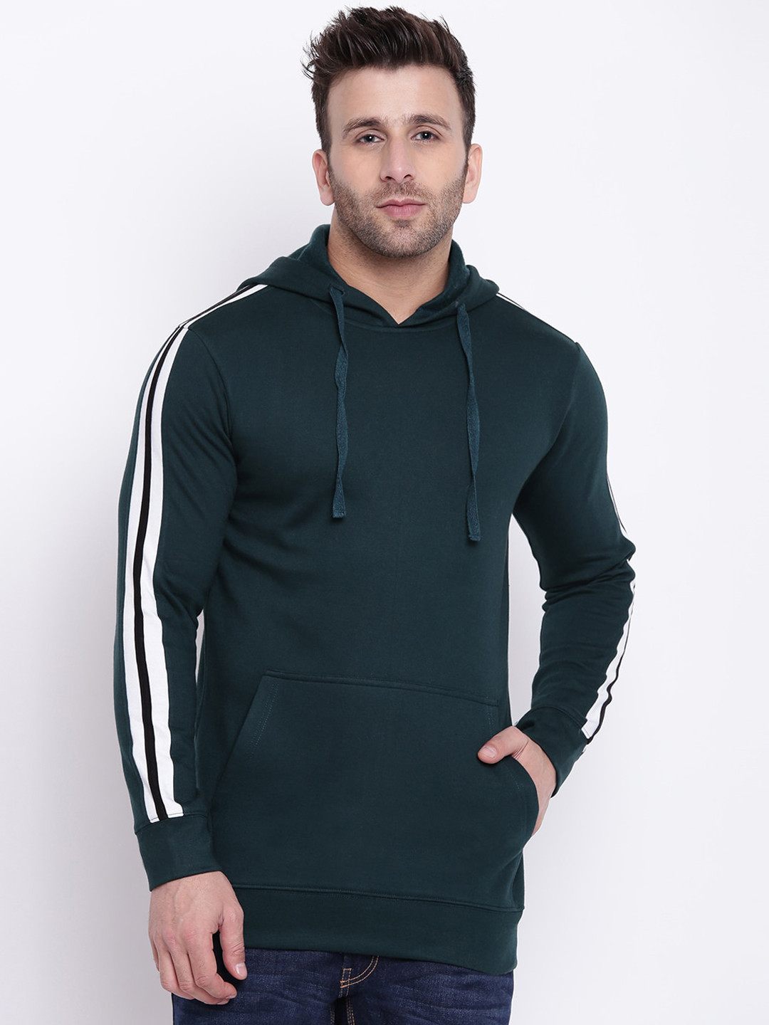 GRITSTONES Men Green & White Solid Hooded Sweatshirt